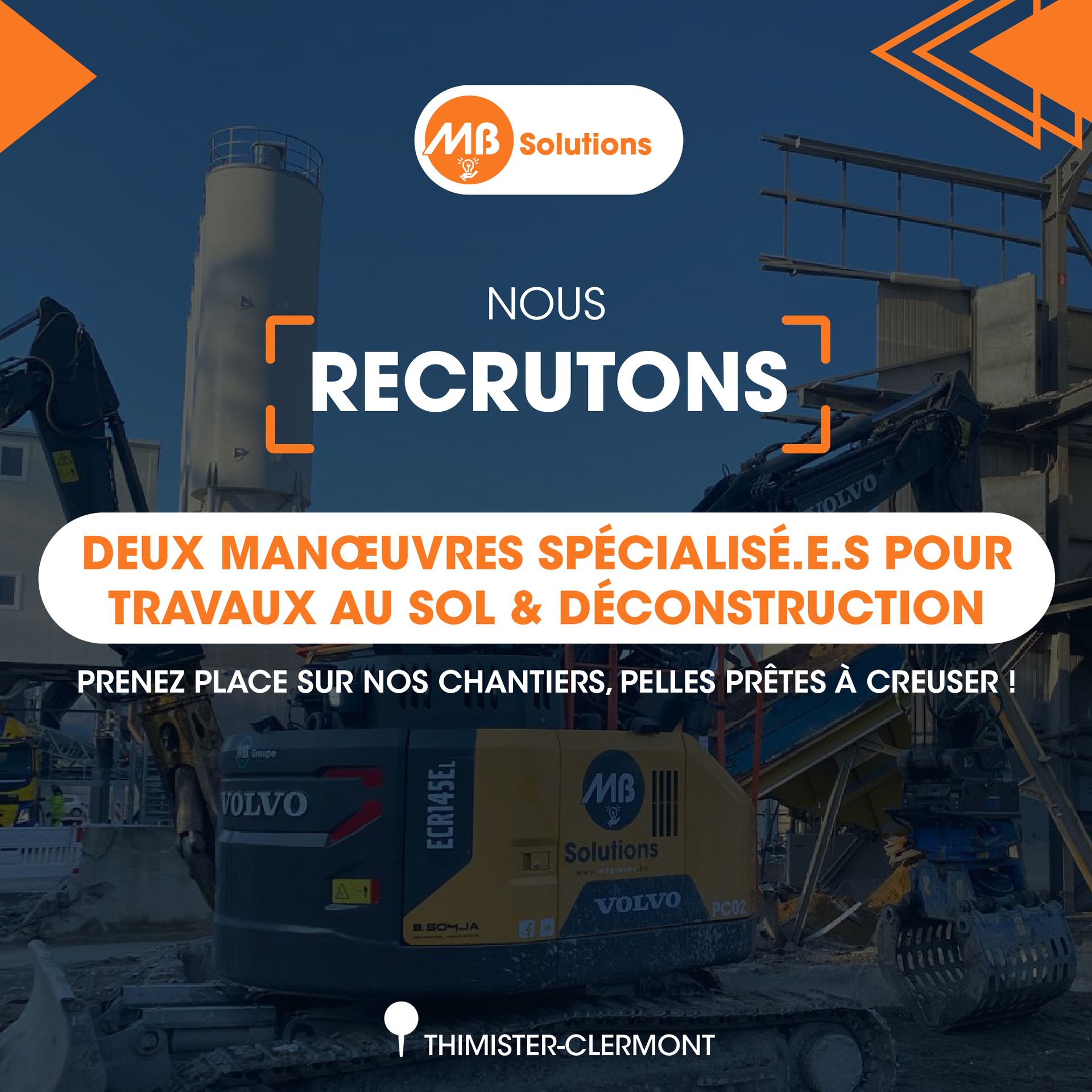 MB Solutions recrute deux Manoeuvres spécialisé·e·s pour travaux au sol et déconstruction (H/F/X)