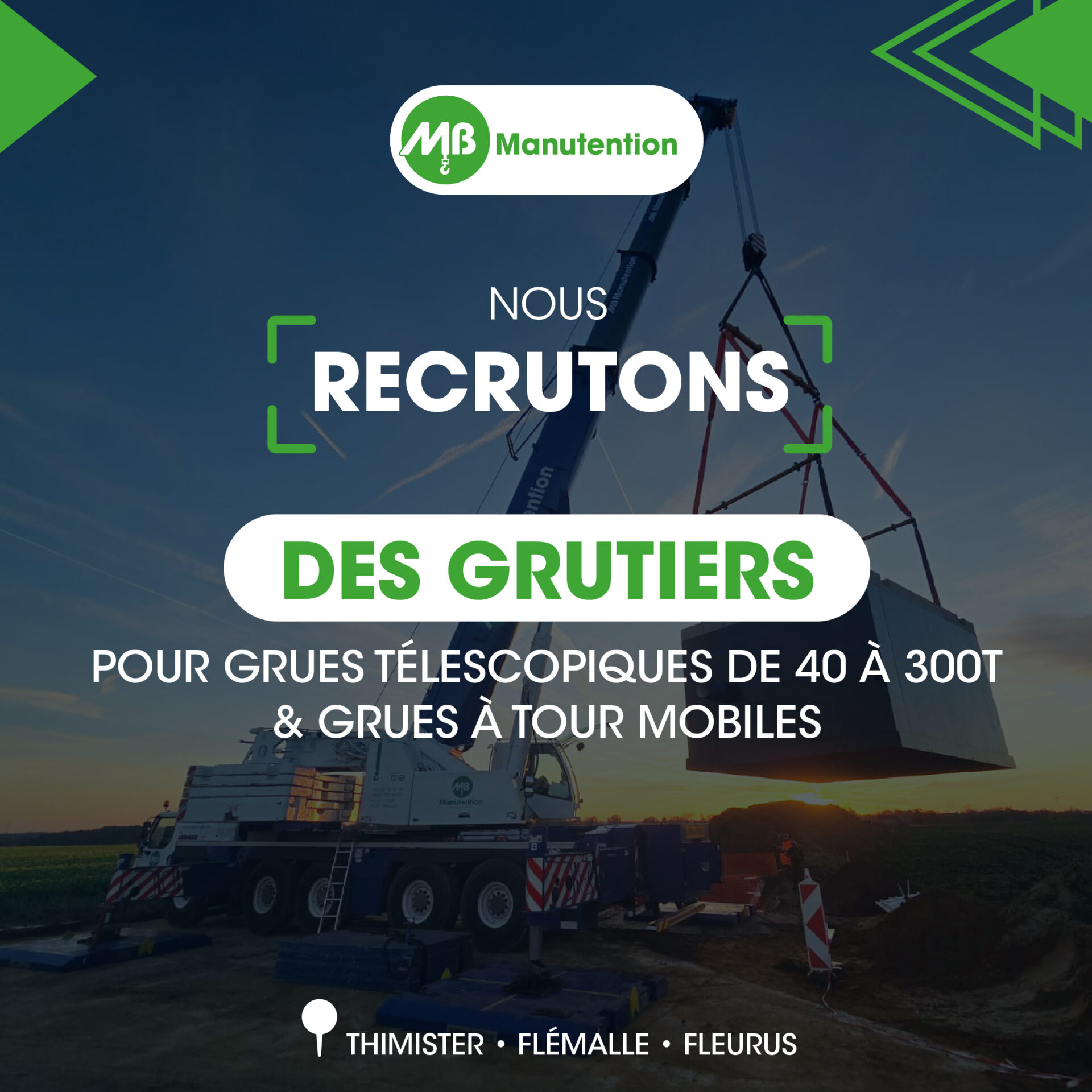 MB Manutention recrute des grutiers pour des grues télescopiques et des grues à tour mobiles (H/F/X)