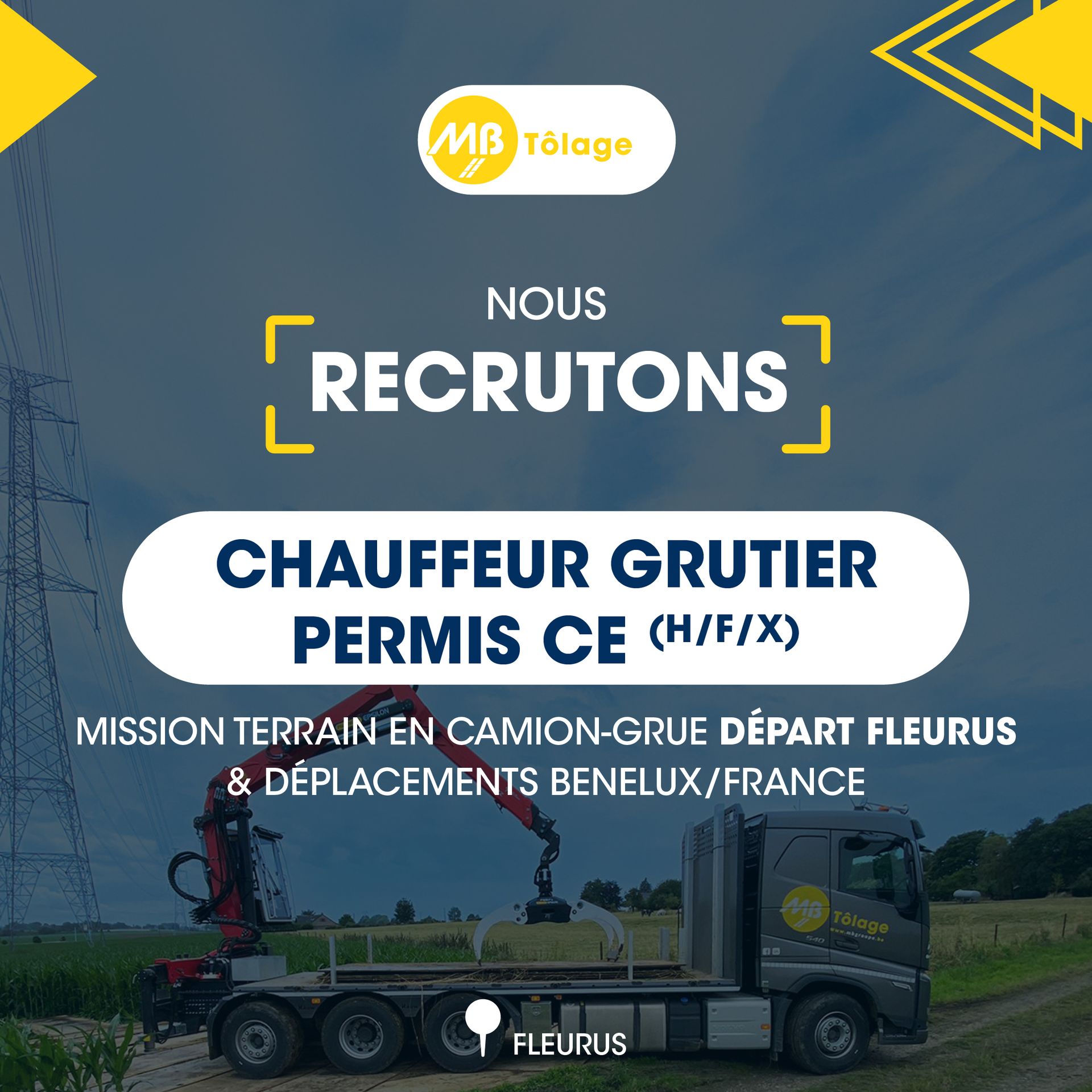 MB Tôlage recrute un Chauffeur grutier permis CE (H/X/F)