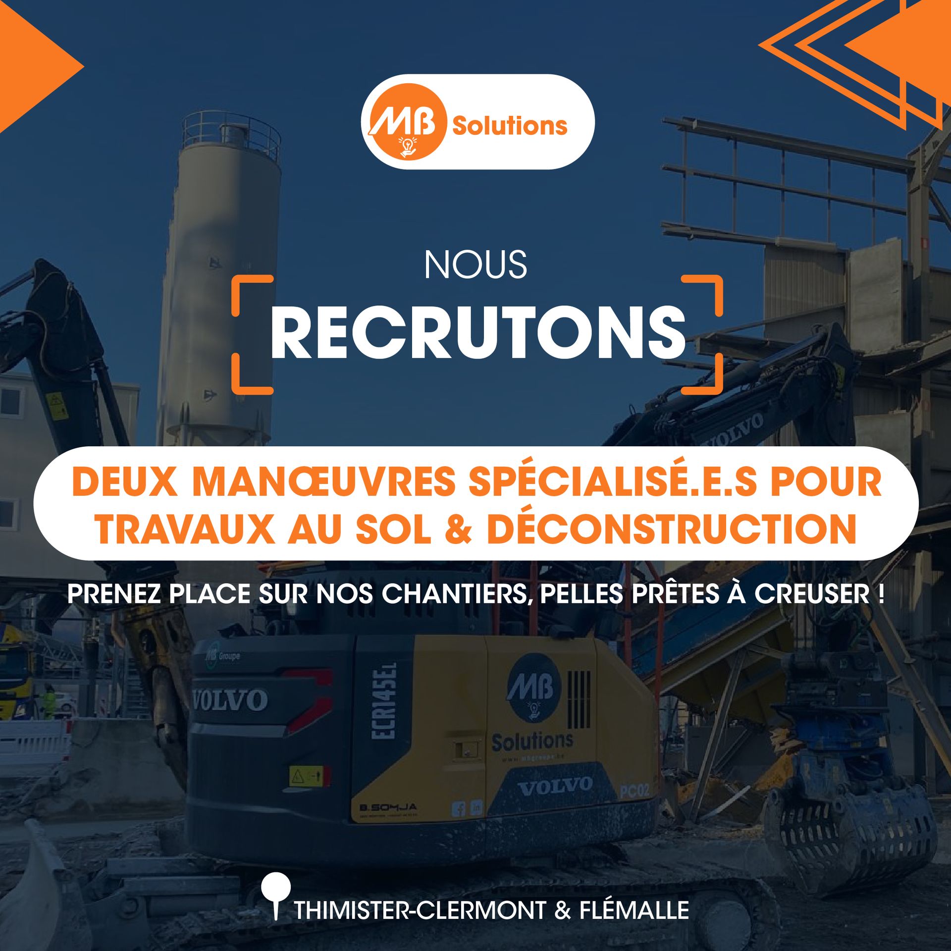 MB Solutions recrute deux Manoeuvres spécialisé·e·s pour travaux au sol et déconstruction (H/F/X)