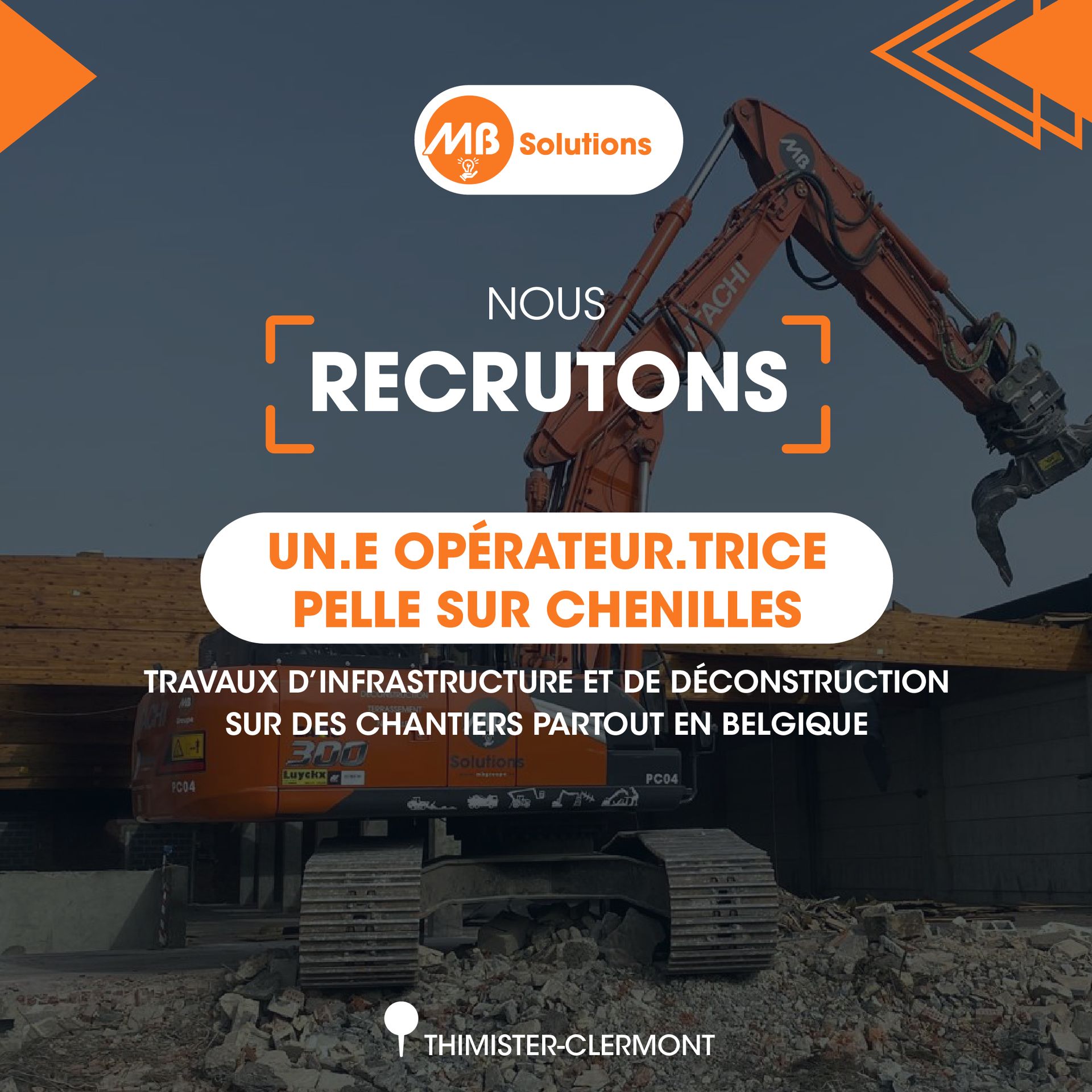 MB Solutions recrute un·e Opérateur·trice pelle sur chenilles (H/F/X).