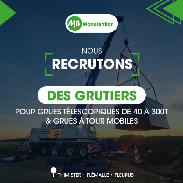 Visuel pour l'offre job de MB Manutention : Grutiers pour grues télescopiques et grues à tour mobiles.